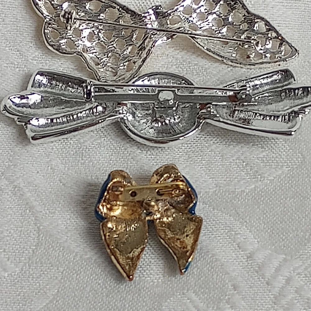 Set Of 3 Bow Brooches, Enamel Polka Dot, Ab Rhinestone, Black, Two Toned